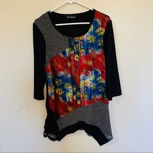 CREATIONS Patterned Colorful Top w sheer and lace